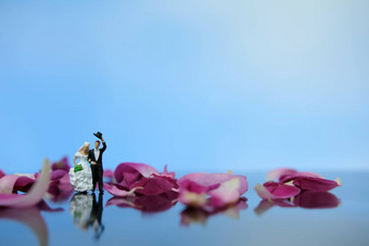 微型摄影户外婚姻婚礼概念新娘新郎<strong>走红</strong>色的玫瑰花桩