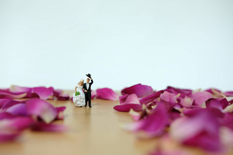 微型摄影户外花园婚礼仪式概念新娘新郎走红色的玫瑰花桩