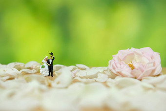 微型摄影户外花园婚礼仪式概念新娘新郎走白色玫瑰花桩
