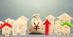 日元元钱袋城市房子数据红色的箭头复苏增长财产价格高需求增加租金投资增加收入市政预算