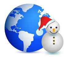 全球地图雪人插图设计白色