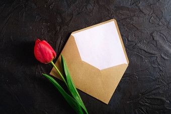 单红色的郁金香花信封卡变形黑色的背景