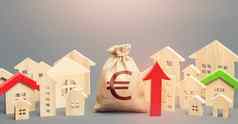 欧元钱袋城市房子数据红色的箭头复苏增长财产价格高需求增加收入市政预算增加租金投资