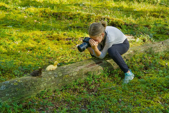 年轻的女孩需要图片可爱的小鸭森林学习拍摄孩子们实习自然年轻的女孩学习照片