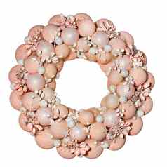圣诞节花环装饰球花星星粉红色的米色柔和的颜色孤立的白色