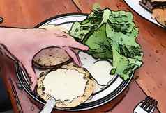 漫画风格绘画健康的汉堡白色板