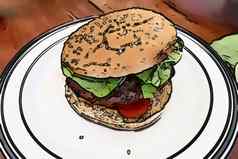 漫画风格绘画健康的汉堡白色板