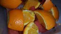 特写镜头视图混合水果片柑橘类橙子甜蜜的红色的西瓜