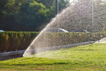 绿色草草坪上浇水强大的喷水灭火系统系统