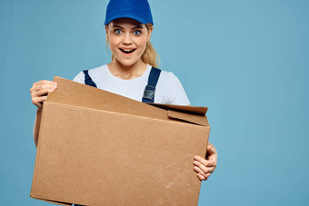 女人工作形式盒子<strong>手包</strong>装交付服务蓝色的背景