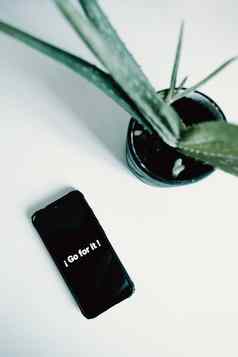 平躺黑色的电话白色背景植物鼓舞人心的短语写