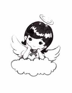 可爱的天使女孩黑色的头发躺肘云手画插图白色背景