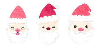 可爱的圣诞老人集卡通字符水彩手绘画装饰冬天圣诞节一年节日广告孤立的白色背景剪裁路径