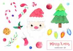 可爱的水彩圣诞节对象集圣诞老人老人冷杉树球甜蜜的袜子冬青浆果仙女灯图标圣诞节装饰元素孤立的白色背景手画插图剪裁路径