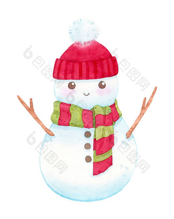 可爱的雪人卡通字符水彩手绘画装饰冬天圣诞节一年节日广告孤立的白色背景剪裁路径