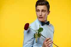 绅士衬衫弓领带脖子黄色的背景红色的玫瑰
