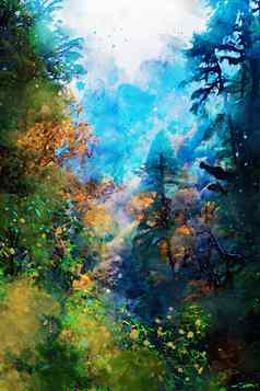 秋天景观秋天季节图像数字水彩绘画