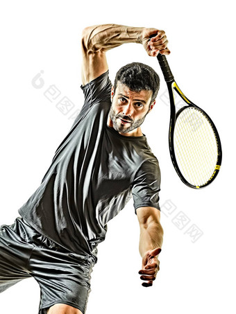 成熟的网球球员男人。正手前面视图孤立的白色背景