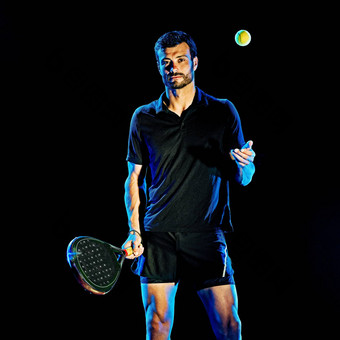 桨网球球员男人。光<strong>绘画</strong>孤立的黑色的背景