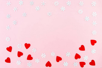 情人节一天背景红色的心雪花粉红色的