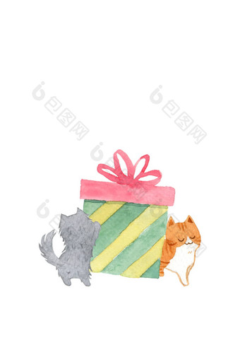 猫推礼物盒子水彩手绘画插图白色背景复制空间文本设计问候卡片礼物卡片圣诞节一年宠物广告