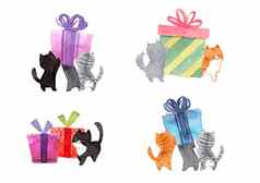 集猫推礼物盒子水彩手绘画插图白色背景复制空间文本设计问候卡片礼物卡片圣诞节一年宠物广告