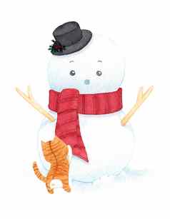可爱的圣诞节雪人穿他围巾猫白色背景水彩插图绘画装饰冬天广告