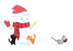 可爱的圣诞节雪人穿他围巾猫白色背景水彩插图绘画装饰冬天广告