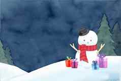 雪人他红色的围巾平静晚上冬天风景背景水彩手绘画插图设计冬天圣诞节一年