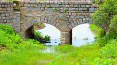 石头单拱桥拉脱维亚著名的古老的石头拱单跟踪路桥森林视图小河树反射水