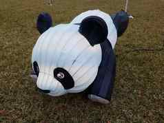 白色黑色的熊猫熊草草坪上