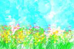 水彩绘画花场春天蓝色的天空