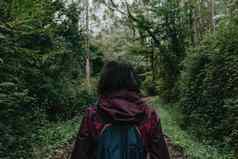女人回来徒步旅行衣服中间超级绿色多雨的森林秋天