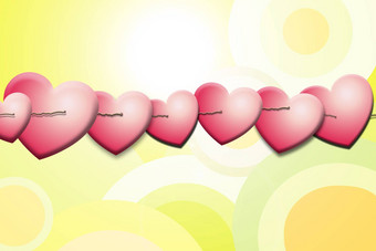 水平边境假期对象图标粉红色的心挂字符串绳黄色的背景插图