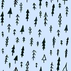 手画圣诞节树无缝的模式蓝色的背景