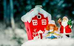 圣诞节装饰自然圣诞老人老人雪少女红色的房子