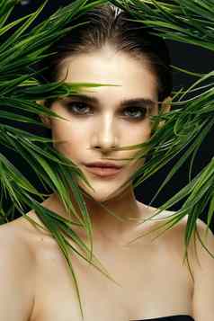 女人的脸绿色叶子棕榈树自然