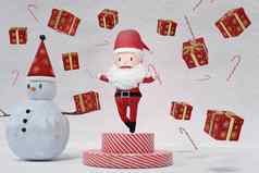 呈现跳舞快乐的圣诞老人老人雪人冰背景概念圣诞节