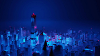 未来主义的城市天际线晚上霓虹灯赛博朋克审美数字渲染