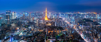 全景视图东京塔东京城市景观视图六本木山晚上东京日本