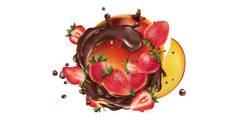 新鲜的芒果草莓溅液体巧克力