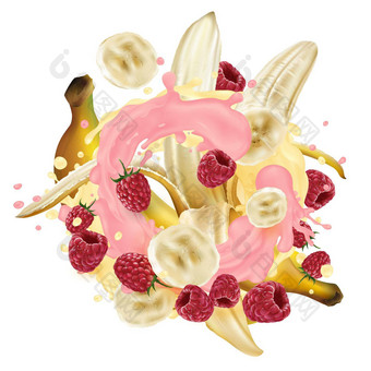 香蕉树莓粉红色的黄色的酸奶飞溅