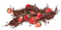 飞溅液体巧克力新鲜的草莓