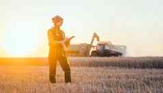 农民女人结合收割机小麦场
