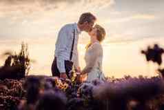 新娘夫妇婚礼接吻日落草地