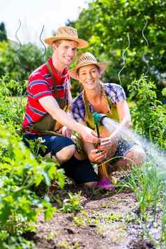 夫妇软管浇水花园