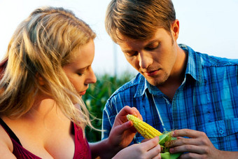 农民检查玉米收获