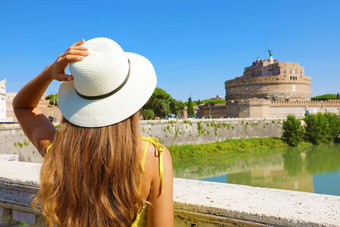 假期意大利回来视图美丽的旅游女孩罗马意大利有吸引力的时尚女人城堡死亡安杰洛城堡桥
