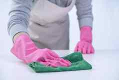 年轻的女人管家围裙穿粉红色的手套清洁表格概念防止病毒感染管家服务关闭