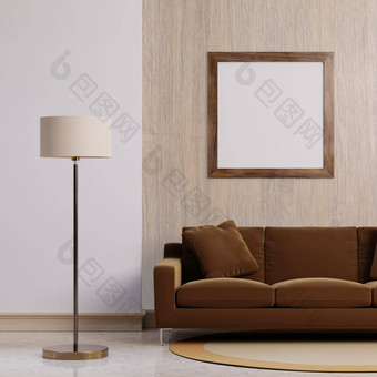 奢侈品现代室内黑暗棕色（的）语气生活房间首页装饰概念背景站电灯空木图片框架混凝土墙地板上插图呈现图形